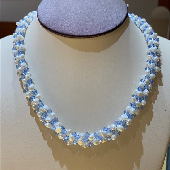 Freshwater Pearl and Blue Bead Necklace, 18” - Picture 2 of 7